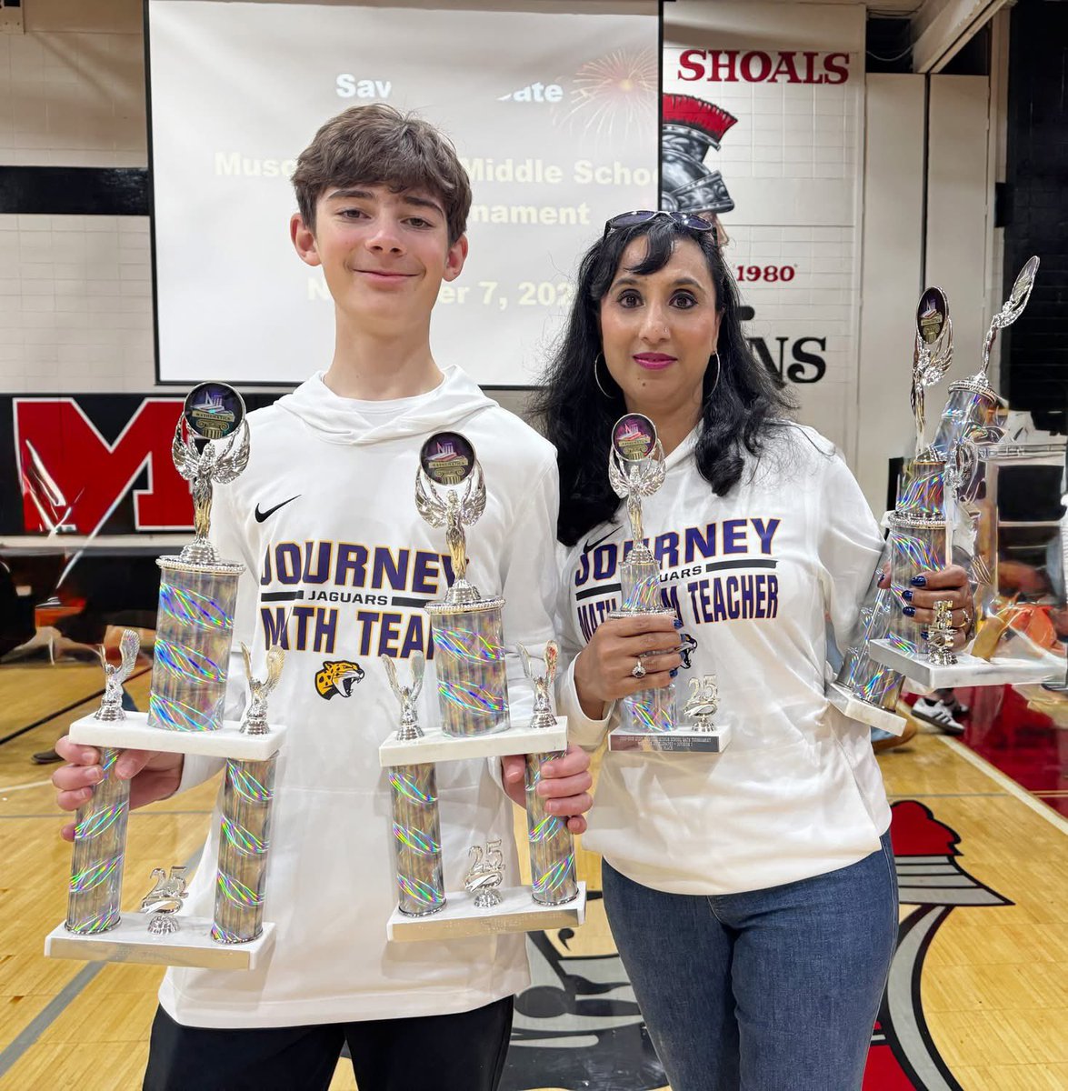 journeyjaguars's tweet photo. 💜💛 Jags kicked off math competition season strong at Muscle Shoals!
🏆 8th Grade—1st Place Team + 1st Place Individual (perfect 100!)
🥈 6th—2nd Place Team | 🎯 7th—4th Place
➡️ 3 team + 7 individual trophies! #JagPride #MathTeam #JourneyMiddle https://t.co/j15JPeOFn4
