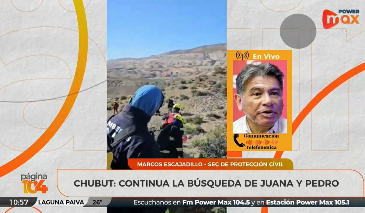 Ahora al aire de 📻 @Pagina.104
🎙Marcos Escajadillo - SEC. DE PROTECCIÓN CIVIL 
CHUBUT: SIGUE LA BÙSQUEDA DE JUANA Y PEDRO👇
📻fmpowermax.com.ar
🤳Seguinos en instagram instagram.com/104_pagina/ Y YA ESTAMOS En You Tube 🥳 youtube.com/@Pagina.104/ab…