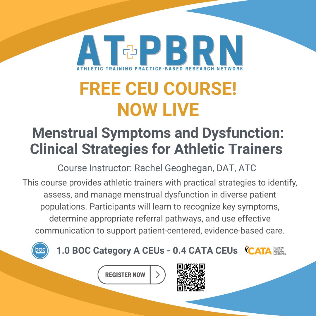 Menstrual Symptoms and Dysfunction: Clinical Strategies for ATs

This FREE course equips ATs to identify dysfunction, navigate referral pathways, and support patient-centered care with confidence and compassion.

Earn 1.0 BOC CEU | 0.4 CATA CEUs
#ATPBRN #WomensHealth #FreeCEU