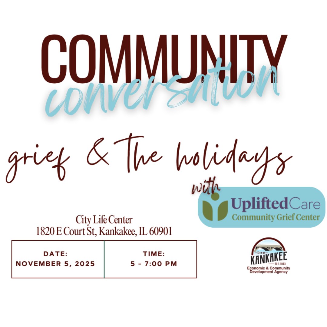 CityKankakee's tweet image. 💛 Grief &amp;amp; the Holidays: A Community Conversation 💛

🗓 Wednesday, November 5, 2025
🕔 5:00 – 7:00 PM
📍 City Life Center, 1820 E. Court St., Kankakee, IL

#KankakeeECDA #CommunityConversation #GriefSupport #UpliftedCare #KankakeeEvents #TogetherWeHeal 🌐 ecda.citykankakee-il.gov