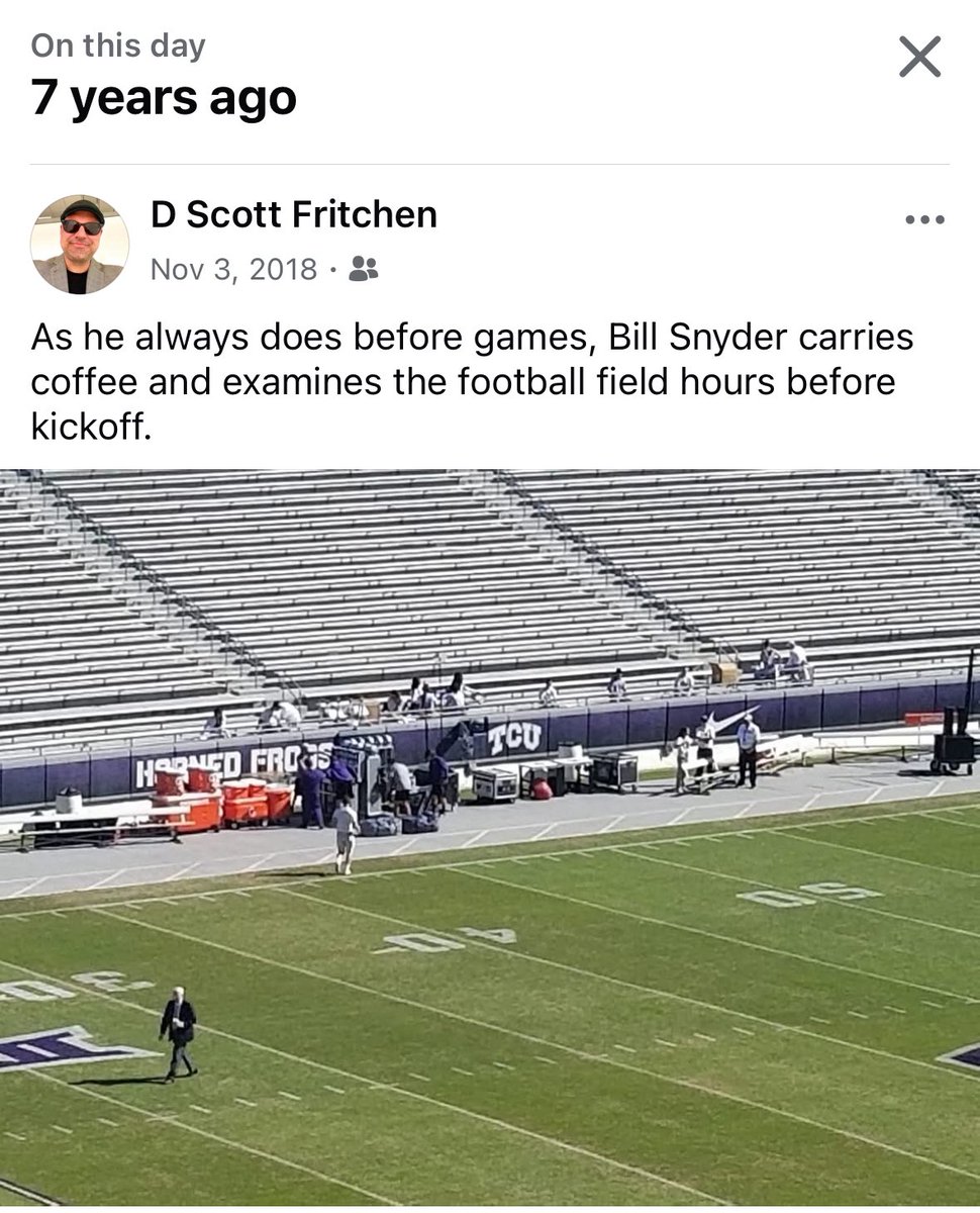 DScottFritchen's tweet photo. I asked Coach about this ritual when we were writing the book. He said that he always wanted to make a trip onto the field to double check the field conditions and the direction of the wind. 

I asked him why he always brought coffee. 

He replied, “Because I like coffee.” https://t.co/mmAfxoLRdX