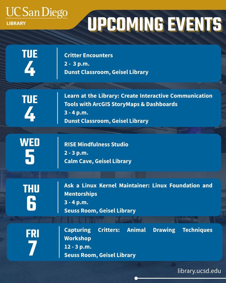 ucsdlibrary's tweet image. 📅 Mark your calendars, Tritons! There’s a full week of events happening right here at Geisel Library

Whether you’re looking to learn, reflect, or unwind, there’s something for everyone this week at the Library.
🔗 Learn more: bit.ly/all-events-exh…

#GeiselLibrary #UCSD