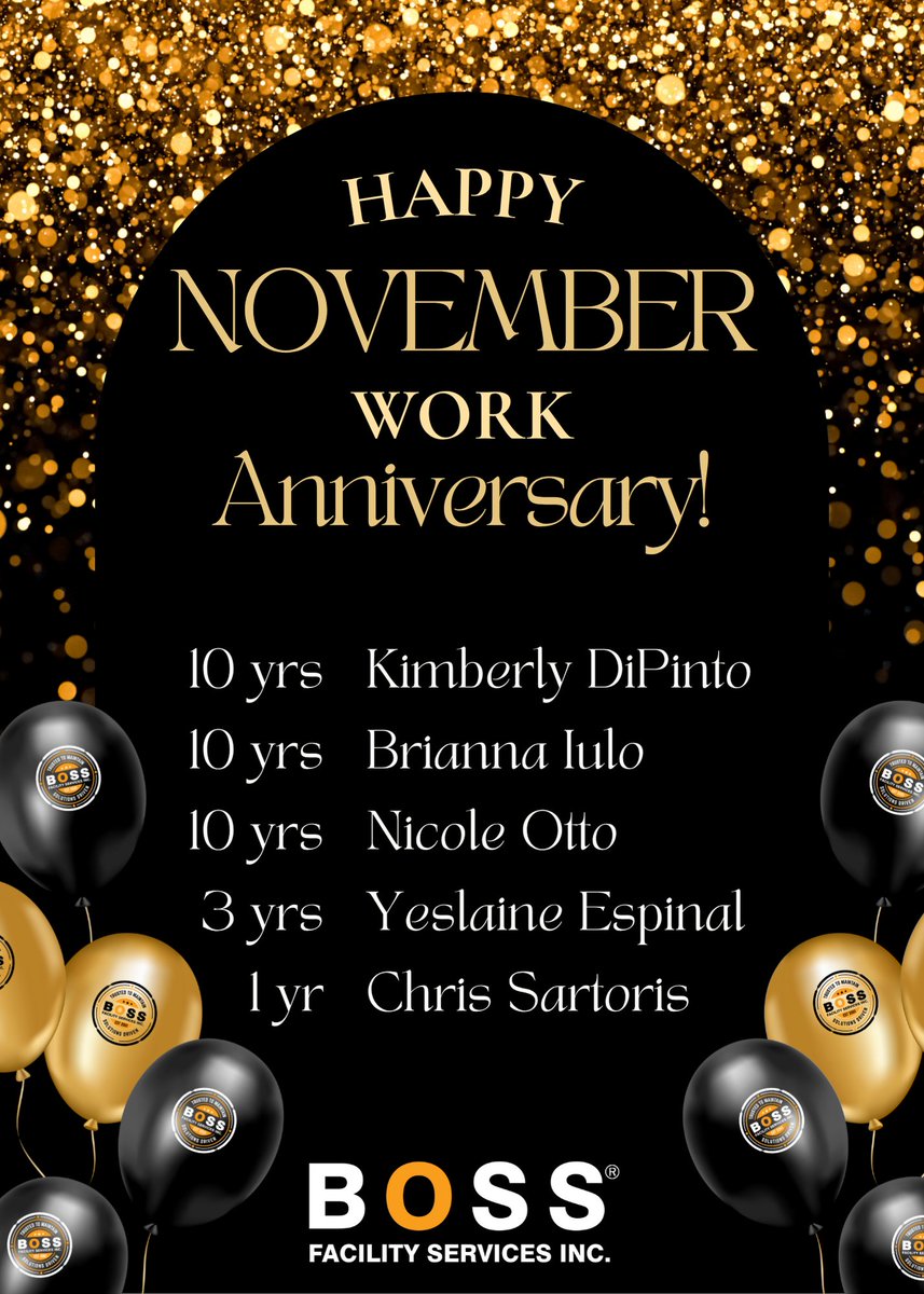 BOSSFSI's tweet image. BOSS Facility Services would like to recognize some of our BOSSOME Employees. Congratulations on celebrating your November Anniversary with BOSS! Thank you for all you do, and keep up the good work!
👍🏼😀👏🏼
#teamboss #workanniversaries #bossome #thankyou #bossfsi #BOSS