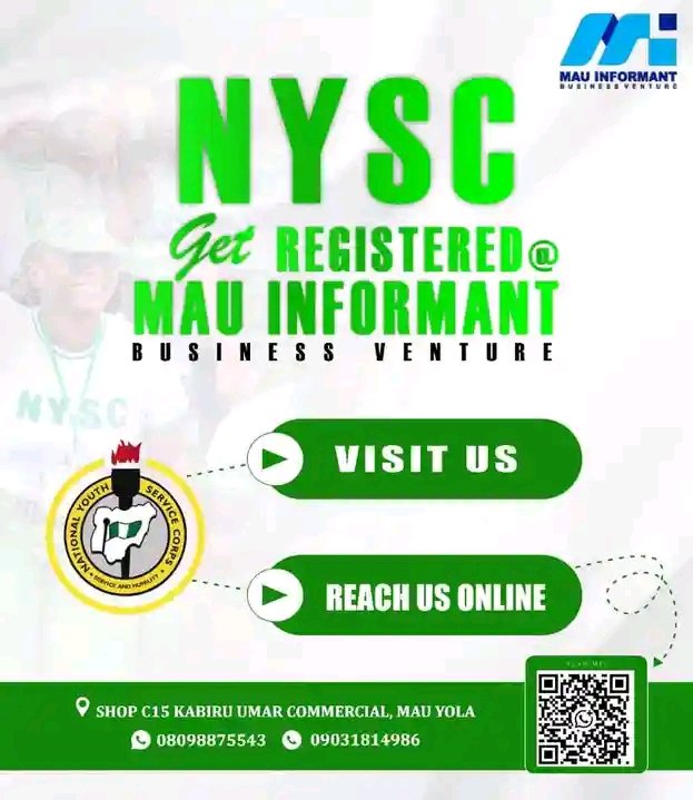 MauInformant's tweet photo. NYSC Registration for new PCM's begins tomorrow 

Book with us tomorrow for your fast NYSC registration.

Location: MAU INFORMANT BUSINESS VENTURE, SHOP C15 KABIRU UMAR COMMERCIAL, MODIBBO ADAMA UNIVERSITY YOLA
PHONE NO: 08098875543/09031814986
#MAUinformant https://t.co/IKNW3KWmno