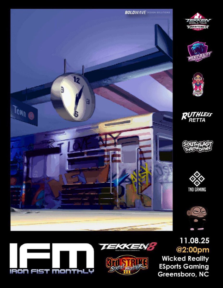 Happy IFM WEEK. 

Pull up for some good #3rdstrike (CPS III) and TEKKEN 8 and food this Saturday! 

📆- 11.08.25
🚪- 2PM
🎬- 3PM
💰- $10 Venue $10 Bracket
📍- <a href="/WickedRealityGG/">Wicked Reality Gaming</a>
📝- start.gg/IFM38
📺- twitch.tv/brandometry