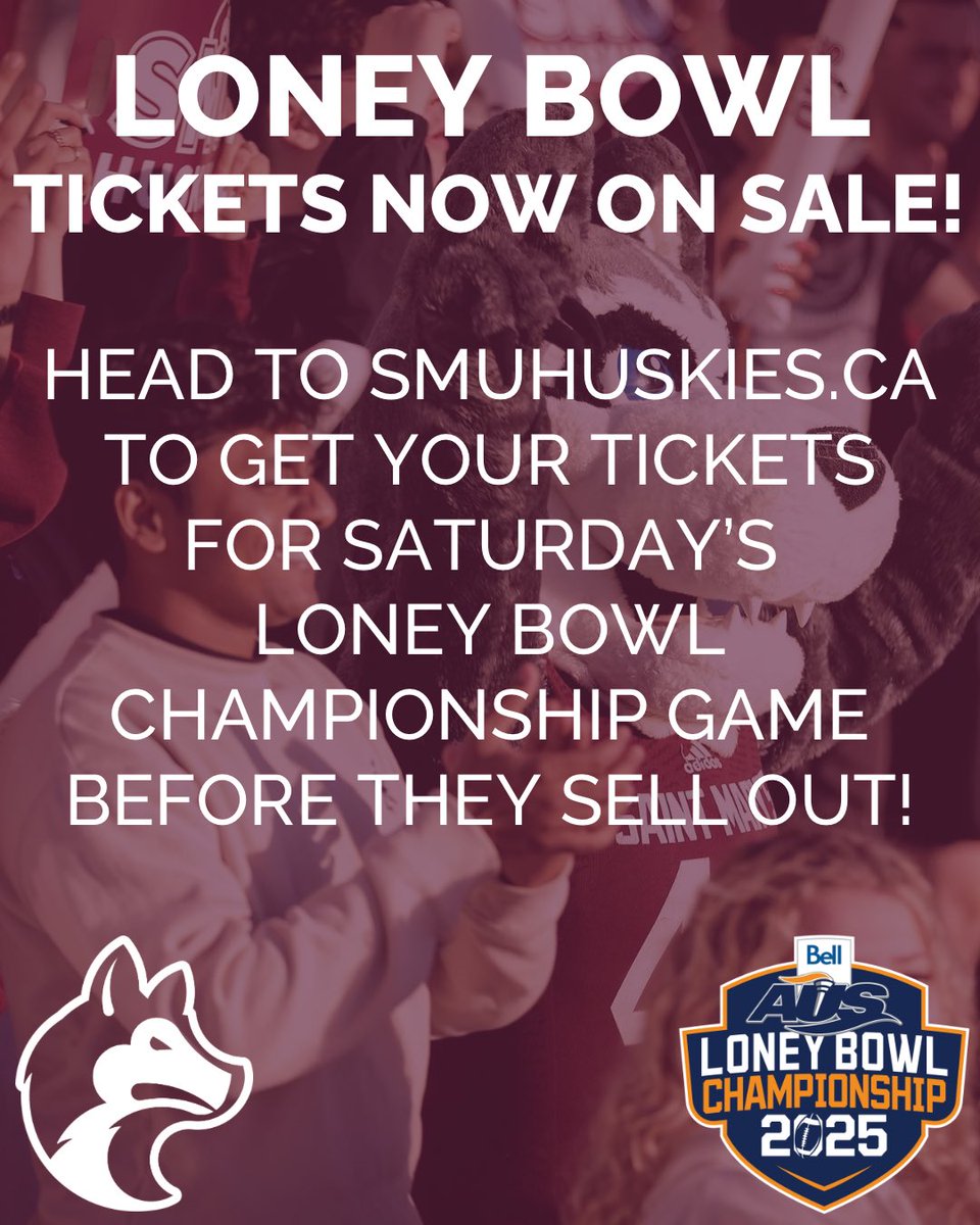 SMUHuskies's tweet image. 🎟️ TICKETS ARE NOW LIVE 🎟️

Tickets are now on sale for Saturday’s @aus_sua Loney Bowl Championship game, as the top seed Huskies host the STFX X-Men!

Get your tickets a now and skip the line by heading to SMUHuskies.ca or the following link: universe.com/events/aus-lon…