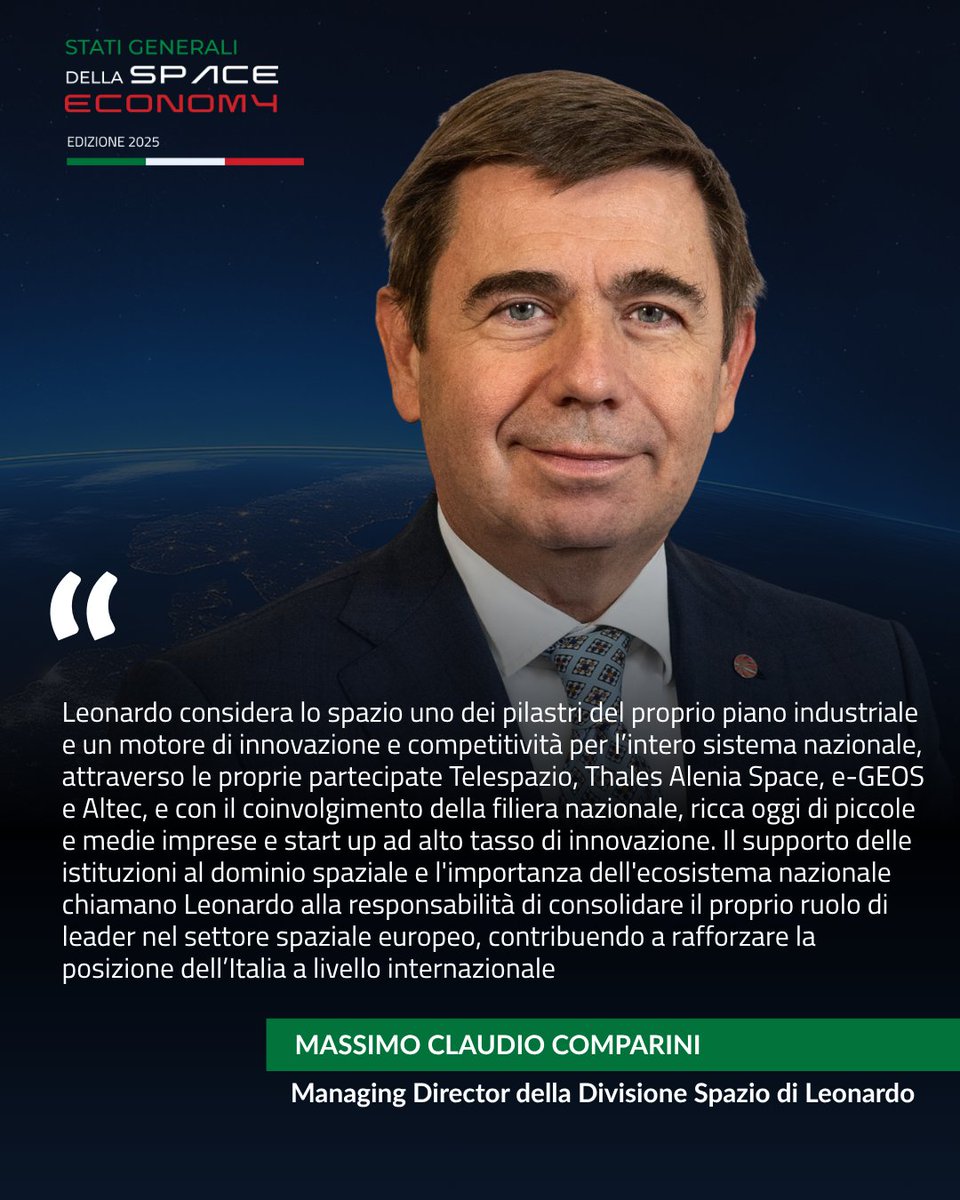 IpseSpaceEcon's tweet photo. «Il supporto delle istituzioni al dominio spaziale e l'importanza dell'ecosistema nazionale chiamano Leonardo alla responsabilità di consolidare il proprio ruolo di leader nel settore spaziale europeo»–  Così @massimoc_square ,
@Leonardo_live , agli #StatiGeneraliSpaceEconomy2025 https://t.co/7w1DsnS0Xw