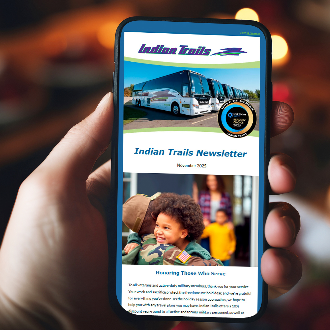 indiantrailsbus's tweet image. The November Indian Trails newsletter is out. Catch stories on military discounts, holiday travel tips, reasons to visit Duluth, MN, and the GM of Michigan Flyer, Keith Cork.

#ComeOnLetsGo #IndianTrails #LinkInBio