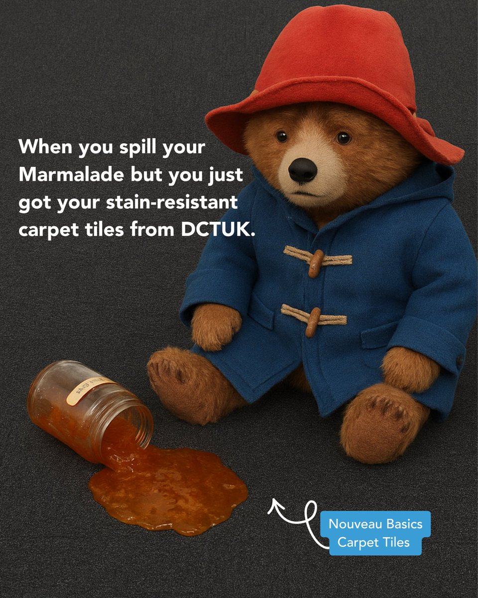 dctuk's tweet image. A sticky situation? Not for our carpet tiles. 🍊🐻 

#DCTUK #StainResistant #PaddingtonApproved