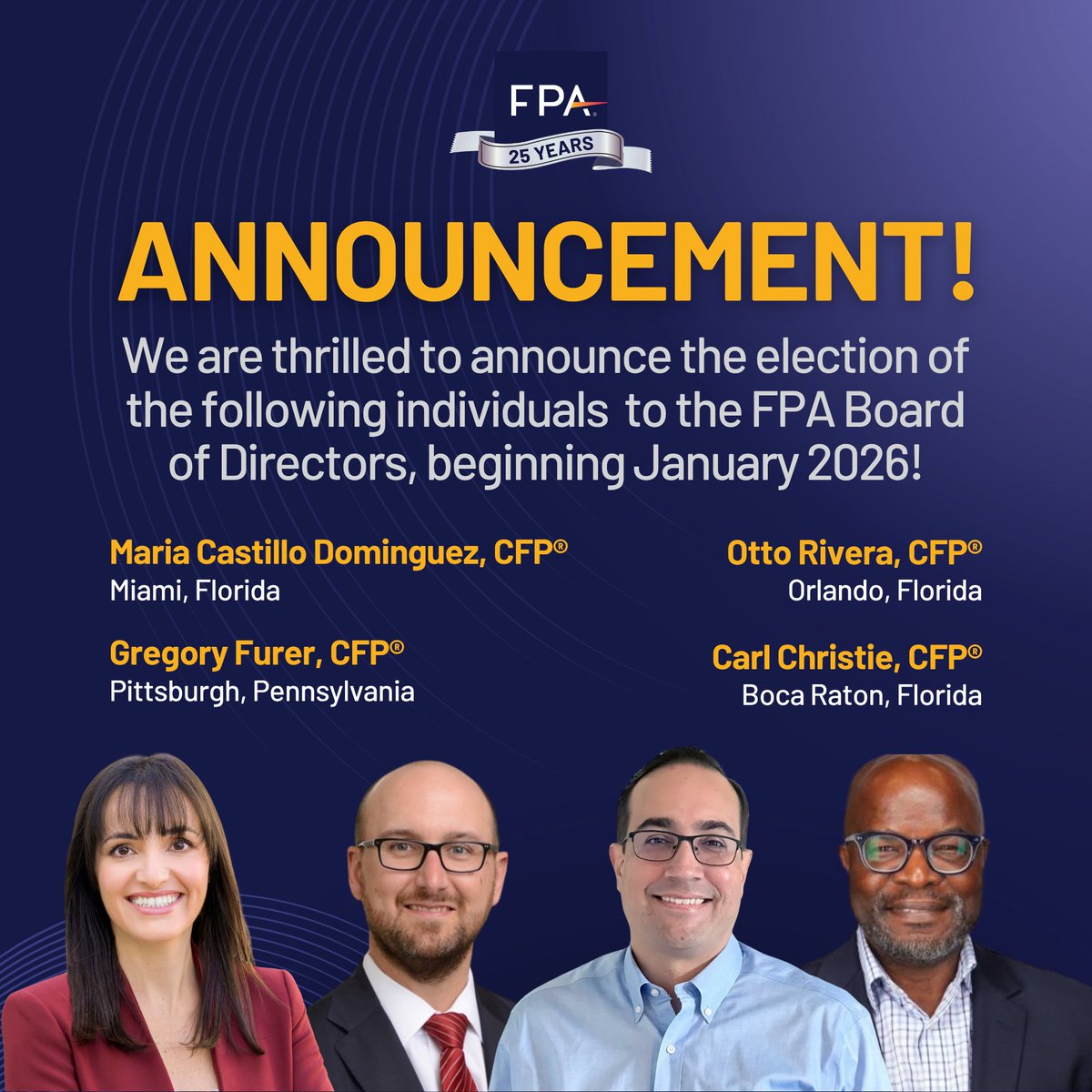 Congratulations to the 2026 officers and new members of the FPA Board of Directors. President Elect D. Crystal Alford-Cooper
Treasurer Juan G HernandezAriano
Board Members: Maria Castillo Dominguez, Gregory Furer, Otto Rivera &amp; Carl Christie
Full release: bit.ly/43OBoAS