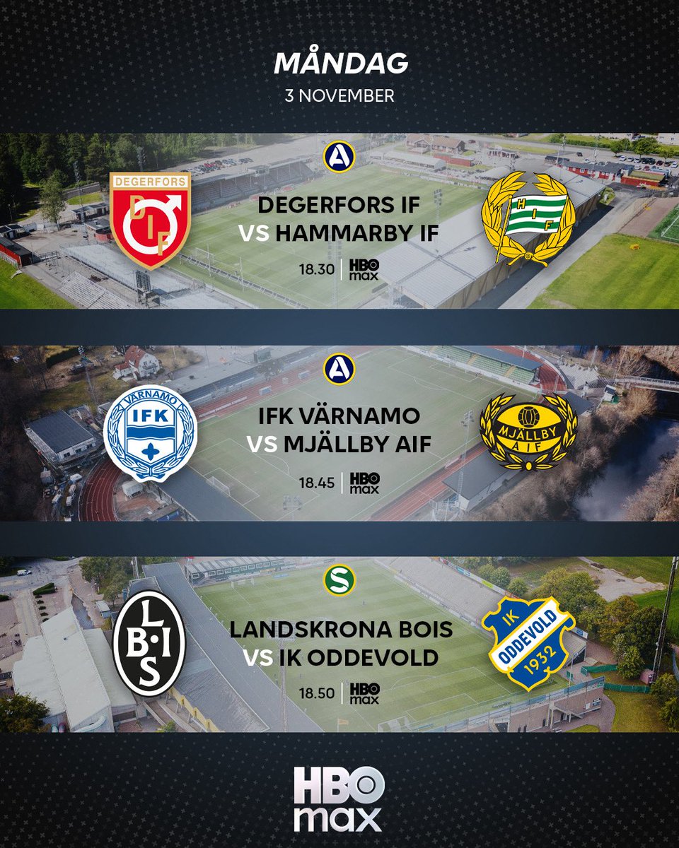 Degerfors IF 🆚 Hammarby IF
———
Ikväll 18.30 på HBO Max.

Studio med Karin Frick, Alexander Axén och Johan Arneng
Kommentator: Tommy Åström
Expert: Nordin Gerzic
Reporter: Diljen Otlu

📲 Se alla matcher från Allsvenskan och Superettan på HBO Max.