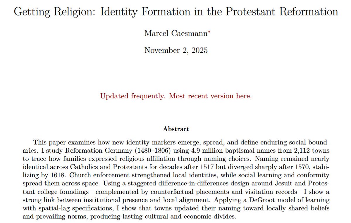 My PhD advisee Marcel Caesmann (mcaesmann.github.io) is on the market! He has a terrific JMP on "Getting Religion". We take identity markers for granted -- call my son Wilhelm, and he is probably not Spanish. But how do people learn to coordinate to meaningful markers?