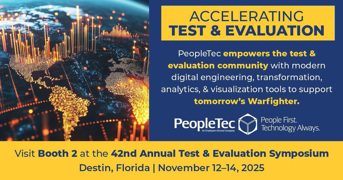 PeopleTec's tweet image. 🌟We are excited to exhibit and sponsor at the International Test and Evaluation Association (ITEA) Symposium! Meet our experts at booth 2‼️
 
#digitalengineering #transformation #analytics #testandevaluation #itea