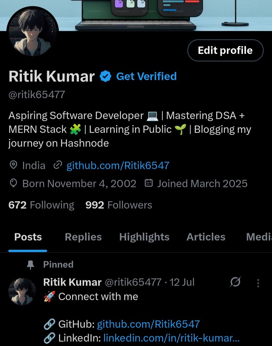 ritik65477's tweet image. 🚀 Almost at 1K followers!
It’s been an amazing journey sharing my progress in #WebDev &amp;amp; #DSA 💪

If you’re into:
🔹 Web Development
🔹 Backend &amp;amp; Node.js
🔹 DSA &amp;amp; LeetCode Grind

Let’s connect and grow together 🌱
Road to 1K 🔥

#100DaysOfCode #DevCommunity #LearnInPublic