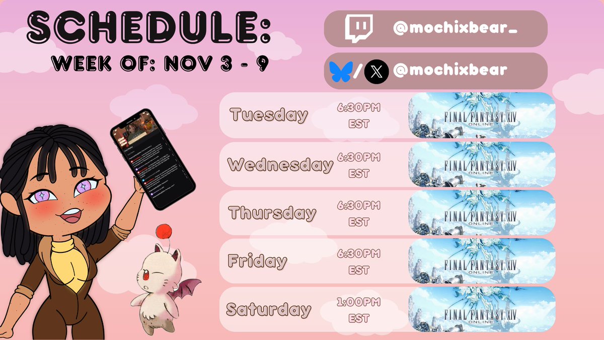 Here is this week's stream schedule! You may notice an extra day! The month of November, I will also be streaming on Thursdays to try and see if i can handle an extra day. if it goes well, Thursdays will become permanent!