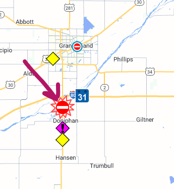 Nebraska511's tweet image. #GrandIsland #Doniphan #HallCounty Crash Hwy 34 N/S @ Binfield Road Road is blocked. Hwy 34N/S is closed @ Lowry Road. Use alternate Route. ne.c-tr.us/?type=event&amp;amp;id…