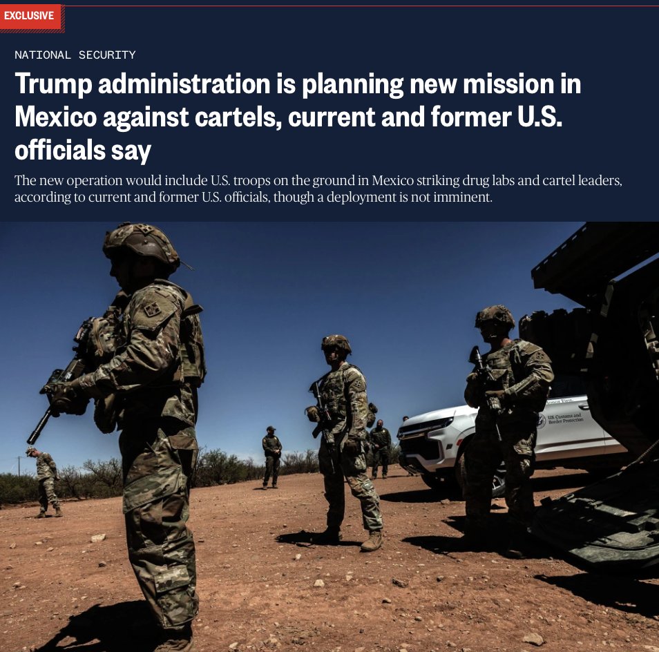 DoliaEstevez's tweet image. NUEVO/Gobierno de Trump planea una nueva misión militar en México que incluiría tropas terrestres que operarían bajo la autoridad de la comunidad de inteligencia (CIA) y ataques de drones contra laboratorios y cárteles. Decisión final no se ha tomado. No es inminente. @NBCNews