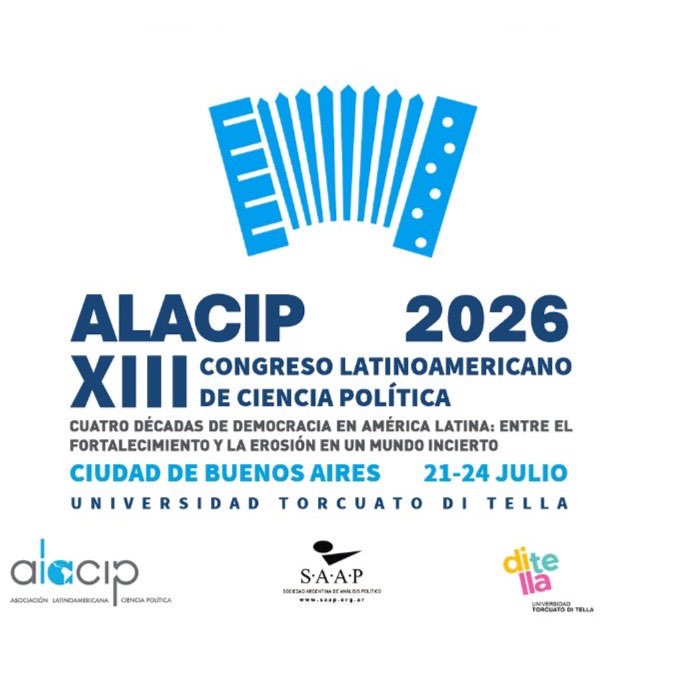 CpoliticaUBA's tweet photo. 🎓 ¡Ya está abierta la convocatoria para participar en el próximo Congreso Latinoamericano de Ciencia Política de @ALACIP_oficial!

📍 Ciudad de Buenos Aires
📅 21 al 24 de julio de 2026
🏛️ Con el apoyo de @RedSAAP

🔗 Toda la info: https://t.co/npC5dZzCp1 https://t.co/5bpL4EhIer