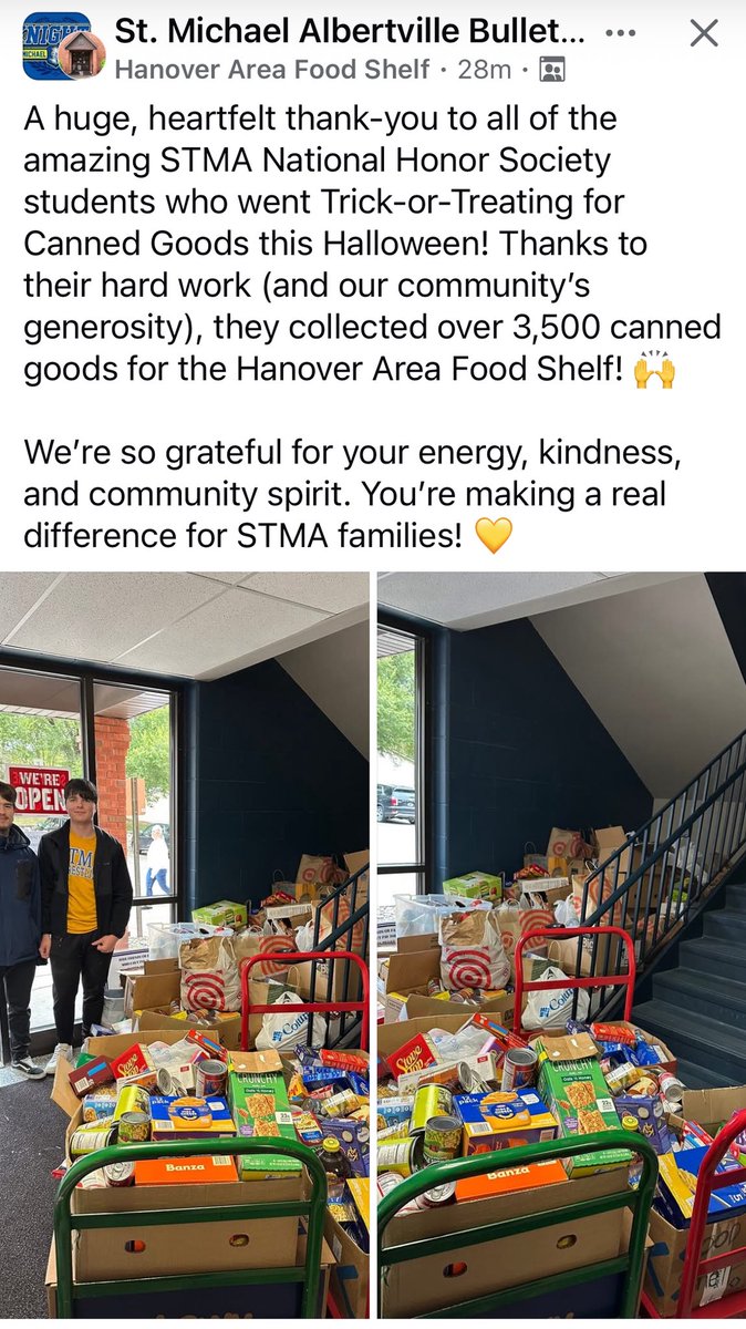StmaAd's tweet image. Thank you to everyone who contributed to the Trick or Can event sponsored by the STMA NHS Friday night!  Over 3500 items were donated and delivered to the Hanover Food Shelf after the event. 

Great job by our NHS students giving back to our community!