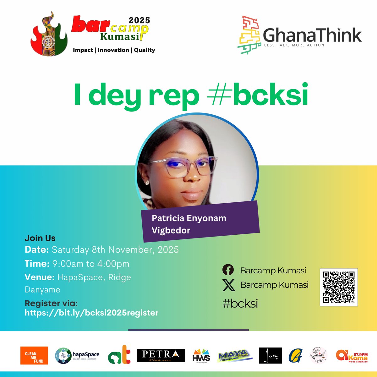 Barcampkumasi's tweet photo. Participate @ #BarcampKumasi 2025 on November 8 at #hapaSpace, #Danyame, #Kumasi.

Patricia Enyonam Vigbedor would be repping #bcksi alongside several #Oseikrom based youth.

Register: https://t.co/WIEONNUAIp #KumasiKonnect #Kumerica #KumasiWeDey https://t.co/lys8J0PinL