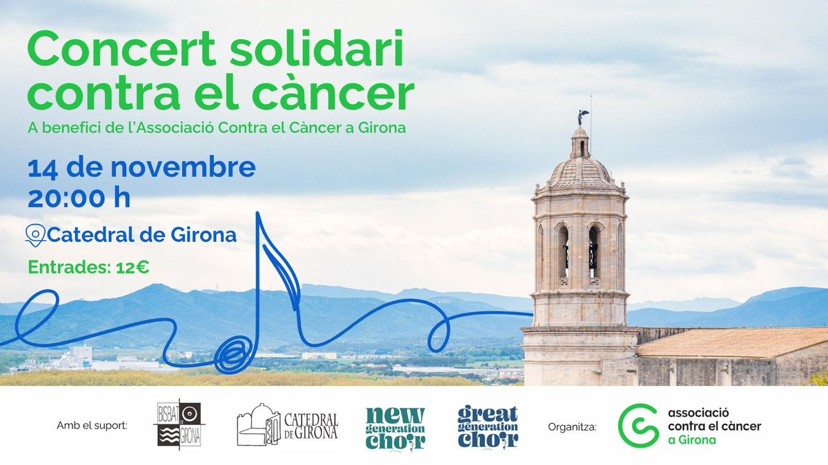 🎶 Concert Solidari - Dia Mundial del Càncer de Pulmó
🗓️ 14 de novembre 🕗 20 h
📍 <a href="/CatedralGirona/">Catedral de Girona</a> 

🎤 Gaudeix d’un concert d’orgue amb les corals New Choir Generation &amp; Great Choir Generation.
🎟️ Entrades: 12 €
👉 bit.ly/Concertsolidar… 
<a href="/bisbatgirona/">Bisbat de Girona ⛪️</a>