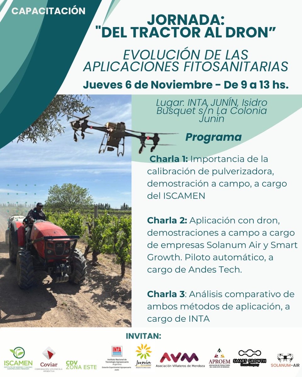 🍇🚜✨ "DEL TRACTOR AL DRON: Evolución de las aplicaciones fitosanitarias"

📅 Jueves 6 de noviembre

Organizan: Asociación Viñateros de Mendoza, <a href="/PrensaIscamen/">Iscamen</a> , <a href="/intaargentina/">INTA</a> , <a href="/COVIAR1/">COVIAR</a> , CDV Zona Este, Municipalidad de Junín, APROEM, Smart Growth, Solanum-Air