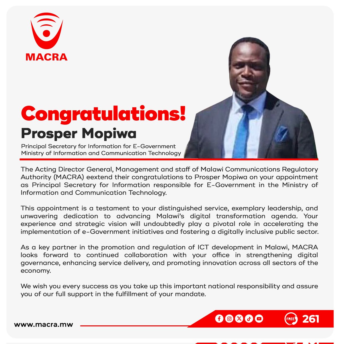 MACRAMALAWI's tweet image. 🎉 Congrats to Mr. Harold MacBray Msusa &amp;amp; Mr. Prosper Mopiwa on your appointments as Principal Secretaries in the Ministry of ICT.

MACRA looks forward to working with you towards a smarter, connected Malawi. 🇲🇼

#MACRA 
#DigitallyTransformedMalawi 
#261TollFree