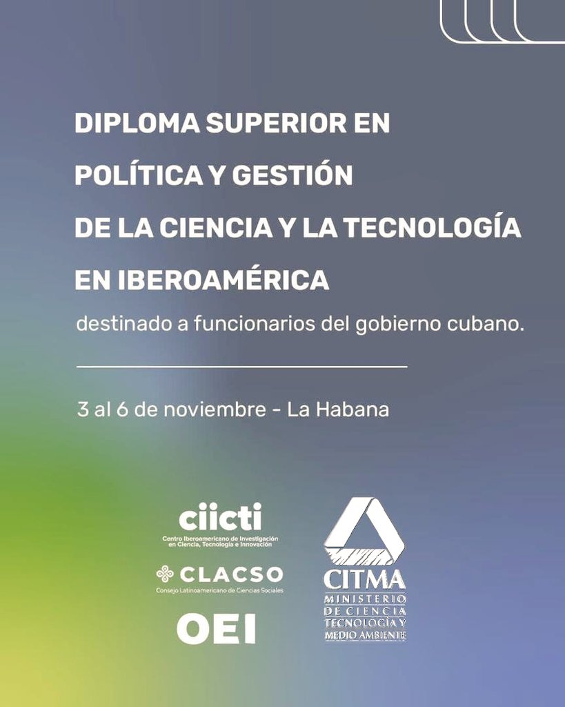 AuroraFdez19's tweet image. Comienza el Diplomado superior en política y gestión de la ciencia y la tecnología en Iberoamérica organizado por OEI, CLACSO y CITMA, coordinado por Daniel Filmus.
Preside Andrés Delich, secretario general adjunto de OEI y Andrea Armas, directora general de @citmacuba #CITMA