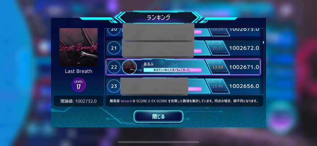 arufu_1E1C's tweet image. やったああああああ！！！！！！！
Last Breath 紫 17
LIMINALITY！！
22位でした！！
まだ初めて3日目で仕様も理解途中ですが、
このゲームを入れてすぐ曲一覧を見て
「Ardolfさんの曲やんけ！！！」
ってなって詰めました。
普通に嬉しいです！！
 #Liminality