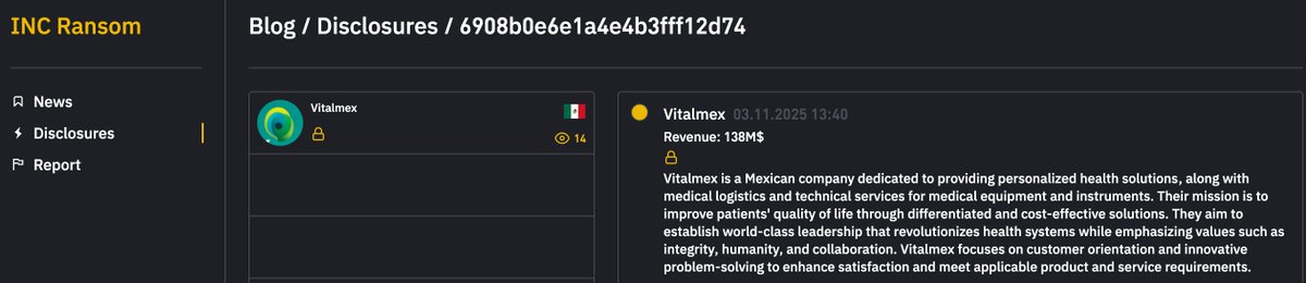 _venarixES_'s tweet image. El grupo #INCRansom #ransomware habría #hackeado a #Vitalmex (@Vitalmex), con sede en #Mexico 🇲🇽, fabrica, distribuye y presta servicios de equipos médicos, instrumentos quirúrgicos y soluciones de atención médica a hospitales y clínicas....
Monitorea este incidente en #VenariX…