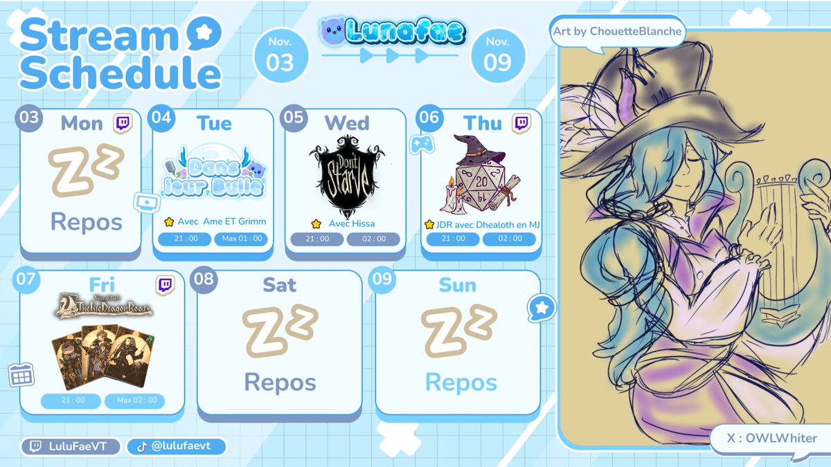 Nouvelle semaine, nouveaux planning !!

Mardi <a href="/AmeAndGrimm/">Ame And Grimm</a> et Grimm viennent nous faire entrer dans leur bulle pour parler de leur univers

Mercredi On retourne sur don't starve avec <a href="/Hissa_cupcake/">Hissa_cupcake</a> 

Jeudi on retourne en JDR

Vendredi on continue Voice of Cardes !!