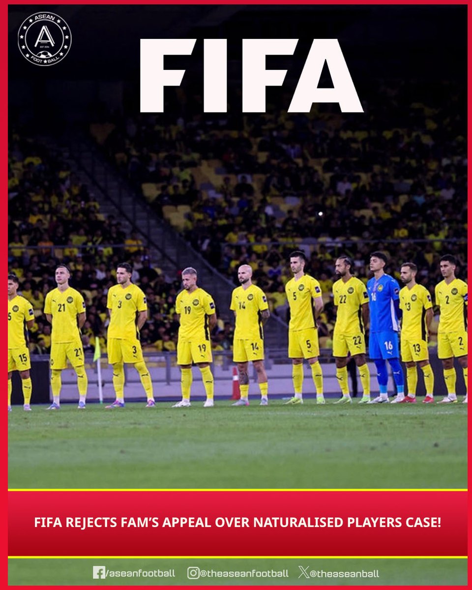 theaseanball's tweet image. #BREAKING | 🇲🇾⚖️ FIFA REJECTS FAM’S APPEAL OVER NATURALISED PLAYERS CASE!

The Football Association of Malaysia (FAM) has officially confirmed that FIFA has rejected their appeal regarding the eligibility of seven naturalised Malaysian players.

#FAM #MalaysiaFootball #FIFA