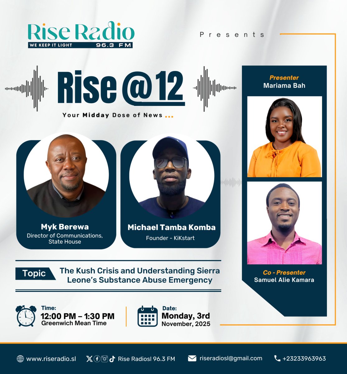 Michaeljadenken's tweet photo. Today at 12 PM on Rise Radiosl 96.3 FM , the discussion on drug abuse continues. Don’t miss out as we keep raising awareness and finding solutions to end substance abuse in our communities.
#kikstart
@kikstartsl https://t.co/KtanqqUQaT
