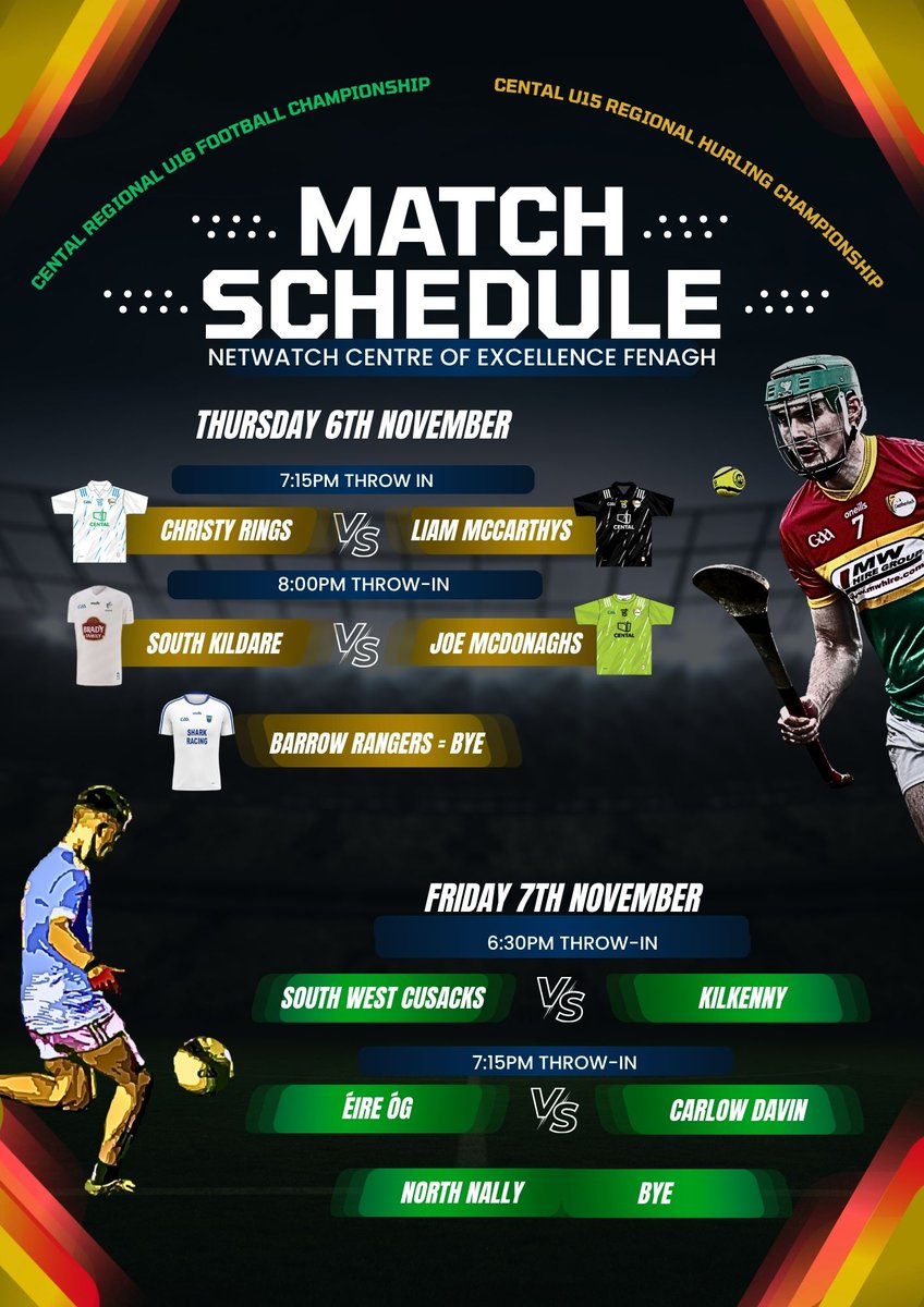 The Cental u15 &amp; u16 regional county championship continues with an action packed fixture list for Thursday and Friday night.  Entry is free both nights and its sure to be full of excitement. <a href="/Carlow_GAA/">Carlow GAA</a> <a href="/TheLeftWingBack/">The Left Wing Back</a>
