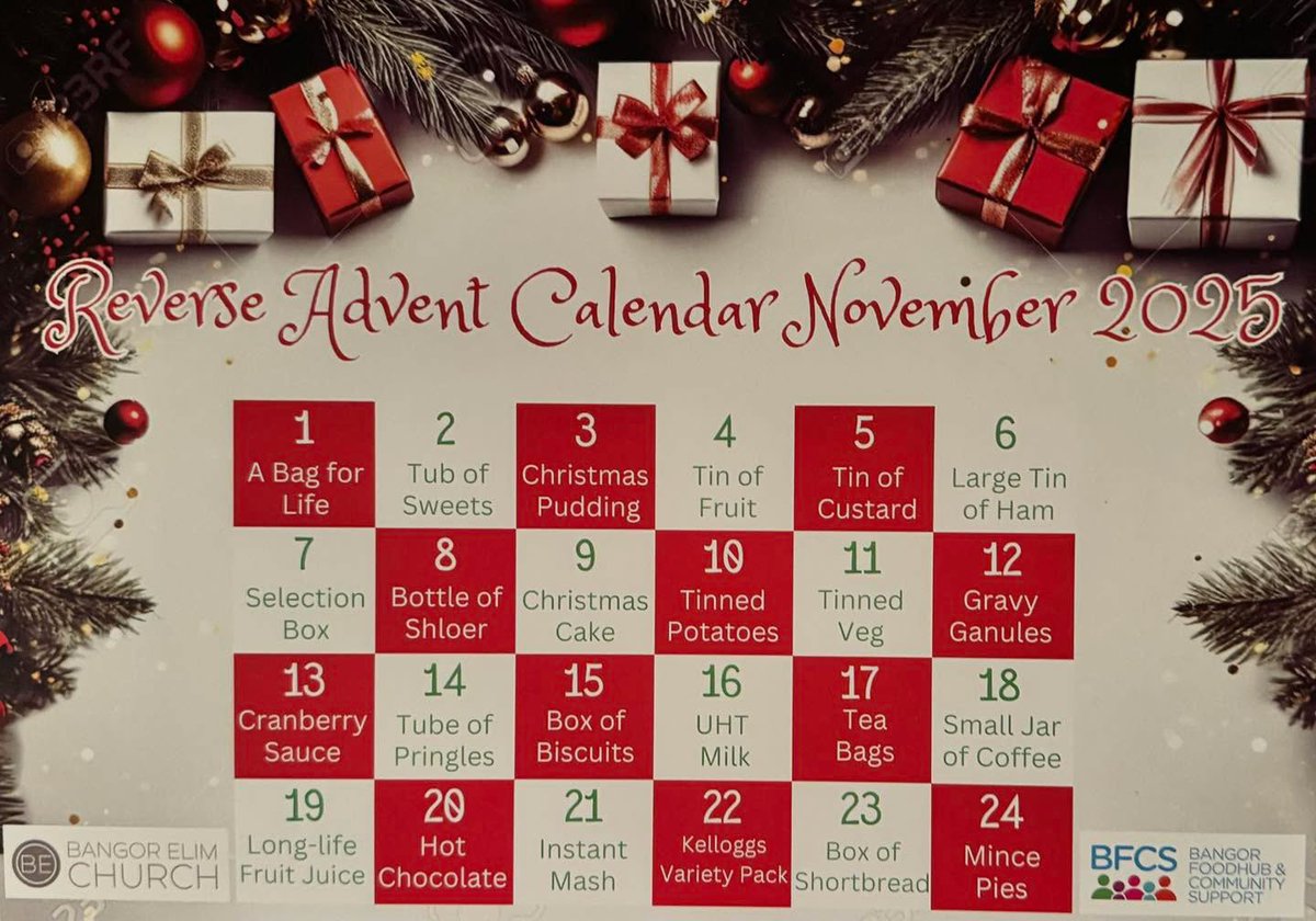 🎄 Bangor Foodhub &amp; Community Support are once again helping the local community this Christmas, and you can help too by taking part in the Reverse Advent Calendar Campaign. 

Any donations will be collected by the Foodhub’s van at Clandeboye Park on Friday 28th November, ahead