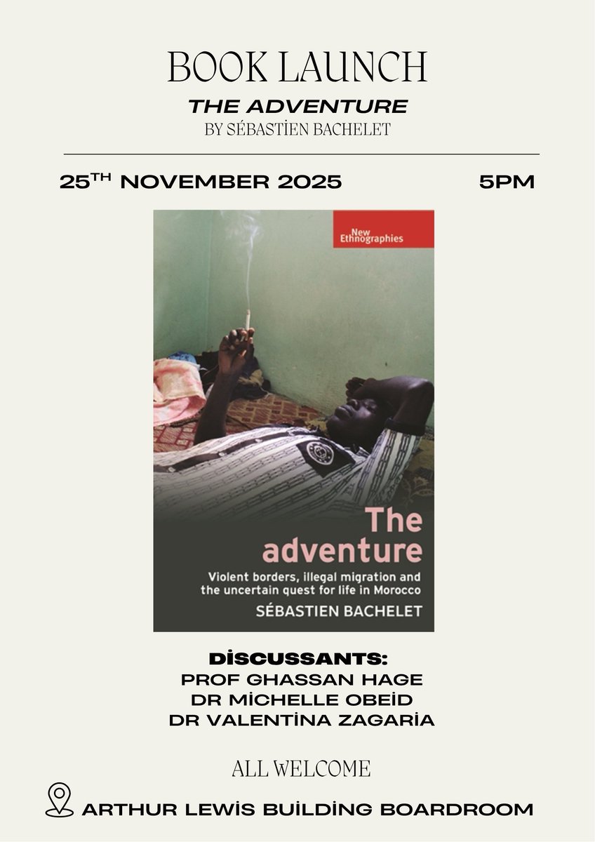 Book launch for my monograph "The adventure: violent borders, illegal migration and the uncertain quest for life in Morocco" Manchester Uni 25/11 5pm. info about the book (including free ebook): manchesteruniversitypress.co.uk/9781526177681/