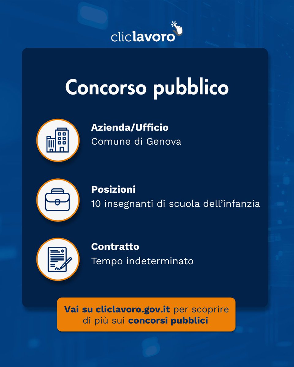 👩‍🏫 Il <a href="/ComunediGenova/">COMUNE DI GENOVA</a> assume 10 insegnanti della scuola dell’infanzia con contratto a tempo #indeterminato!

Un’opportunità per chi vuole contribuire alla crescita e all’inclusione dei più piccoli 💛

📚 Scopri come candidarti 👉 cliclavoro.gov.it/concorsi/comun…
