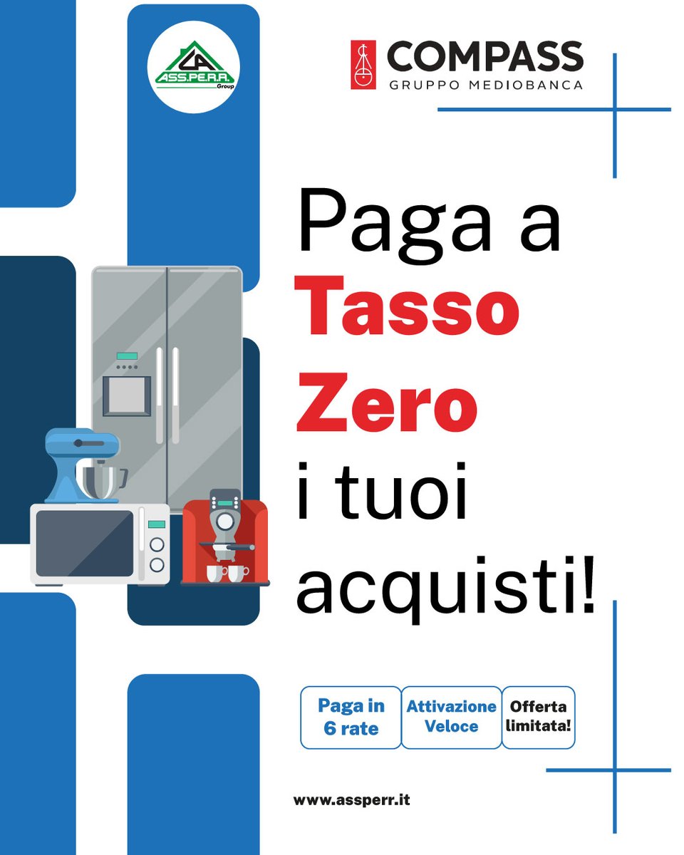 ASSPERR's tweet photo. Fai shopping senza pensieri! Scopri la nostra promozione: spendi almeno 200€ e paga in 6 rate a tasso zero. Approfitta dell'occasione per acquistare ciò che desideri!
Promozione valida in negozio e online fino a fine Dicembre.
#shopping #risparmio #tassozero #elettrodomestici https://t.co/7JE7d6Qdor