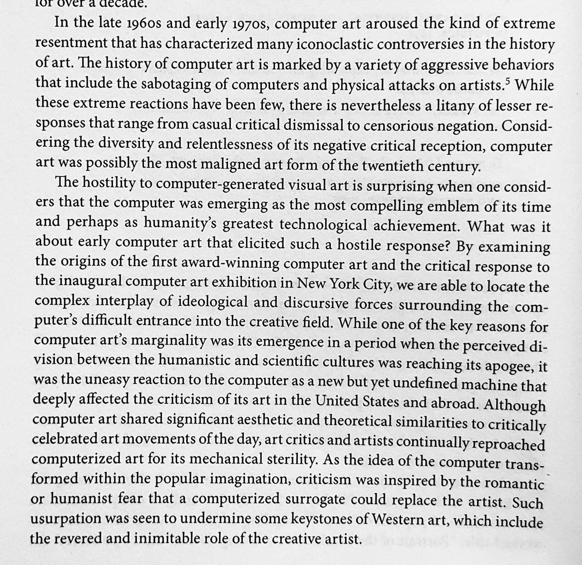 k_llyi's tweet photo. Essay in _Mainframe Experimentalism_ describing the hostility to early computer art in a way that kind of prefigures contemporary hostility to AI &amp; LLM generated art: https://t.co/qXjbxuYXU2