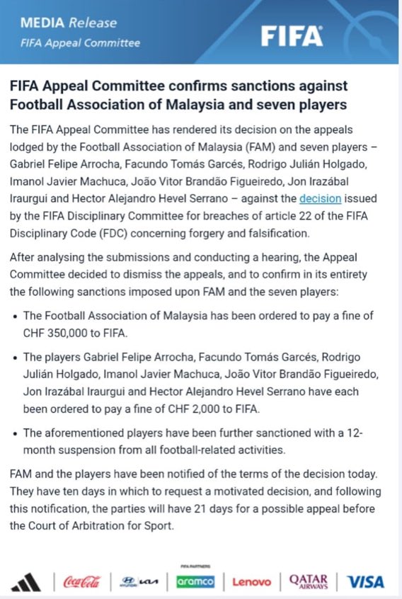 wallpassjournal's tweet photo. 🚨BREAKING NEWS: FIFA Rejects Appeal by the Football Association of Malaysia (FAM)

FIFA has officially rejected the appeal filed by the Football Association of Malaysia (FAM) over allegations of forged documents involving seven naturalized Malaysian players. 

The decision means that all sanctions remain in effect, including the 12-month ban from all football activities imposed on the players and the penalties levied against FAM.

FIFA’s ruling confirms that the document falsification charges against FAM are valid and final, marking one of the biggest scandals in Malaysian football history—a major blow to the integrity and accountability of both FAM and the Malaysian government.