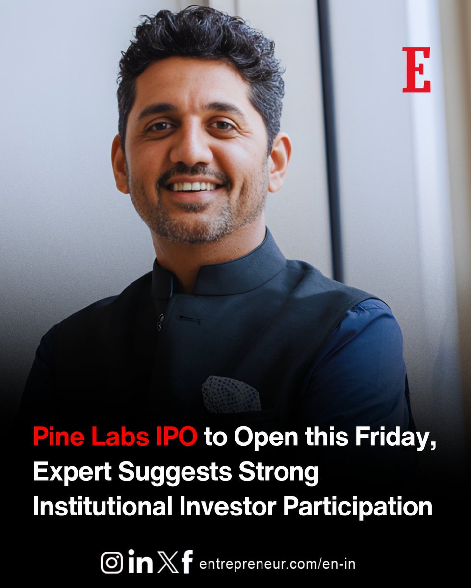 EntrepreneurIND's tweet image. #FintechNews

Pine Labs is set to launch its IPO on November 7, 2025, aiming to raise ₹3,899.91 crore at a valuation of ₹25,377 crore (at the upper end of the ₹210-221 price band).

The IPO includes a fresh issue of ₹2,080 crore and an Offer for Sale (OFS) of ₹1,819.91…