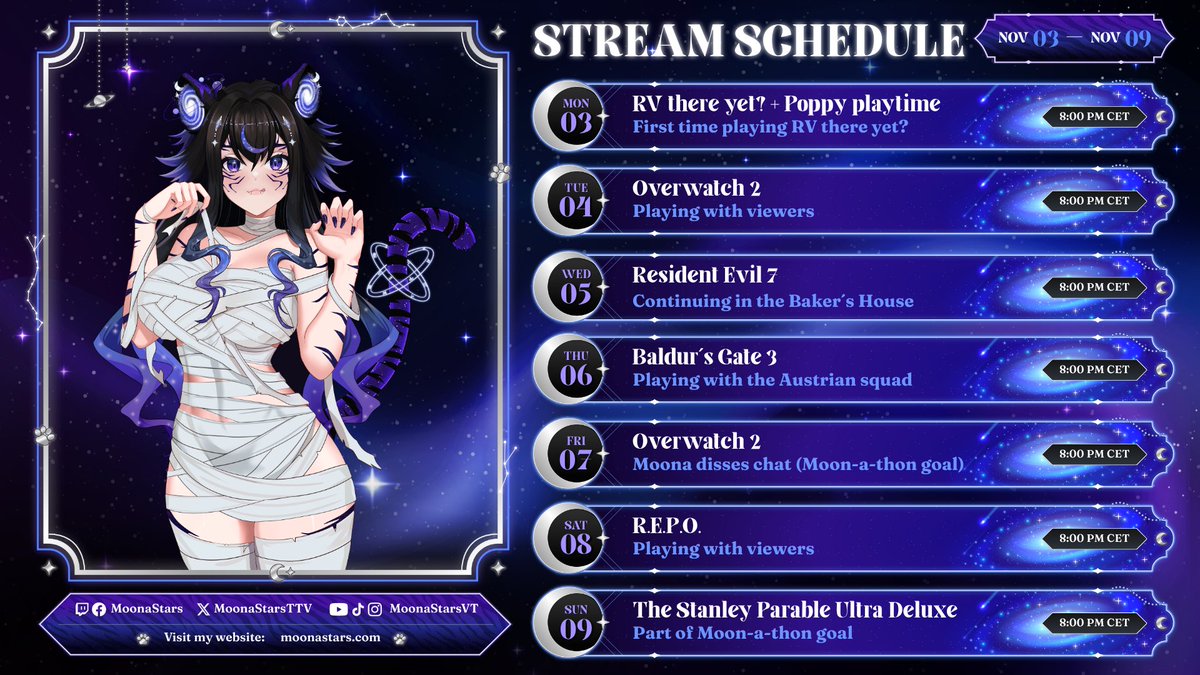 The artwork for my Stream Schedule is finally done! YIPPIE! No more "text only" for my weekly stream schedule. 

I hope to see you in my streams this week! Lurkers are also appreciated 💜 Twitch.tv/moonastars