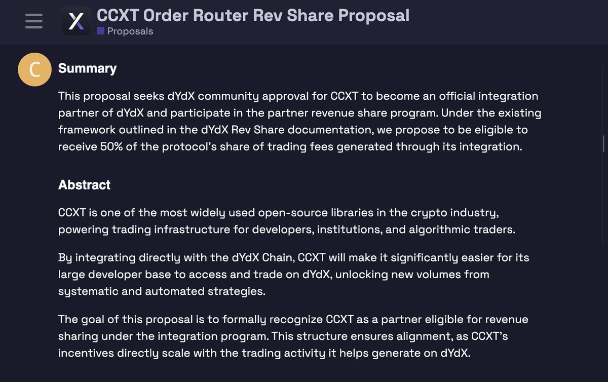 A new proposal has been posted on the dYdX Governance Forum: CCXT Order  Router Rev Share Proposal The proposal seeks community approval for CCXT -  the open-source crypto trading library used by