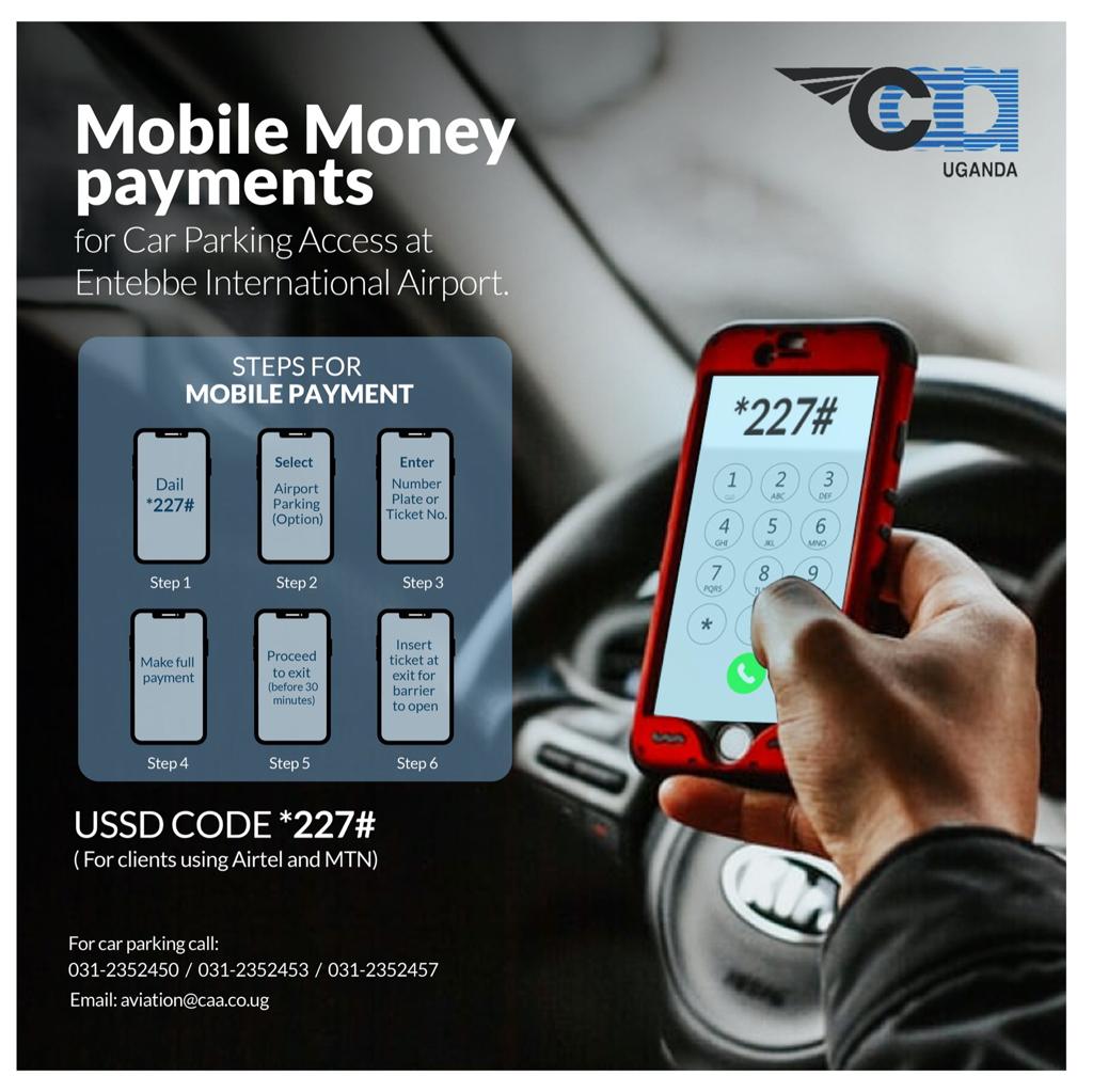 To all users of the Entebbe International Airport car parking facility, please be reminded that Mobile Money payment is available as a convenient option for settling your parking fees.