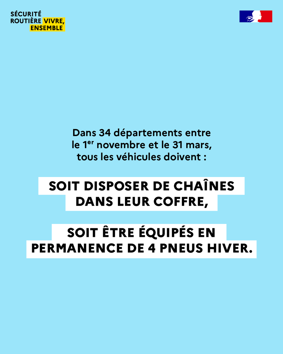 🤔 Le saviez-vous ? Entre le 1er novembre et le 31 mars, il est obligatoire d'équiper son véhicule en pneus hiver ou de détenir des chaînes ou chaussettes à neige dans certaines zones montagneuses de 34 départements 🏔️

Pour en savoir plus 👉 bit.ly/EquipHiver