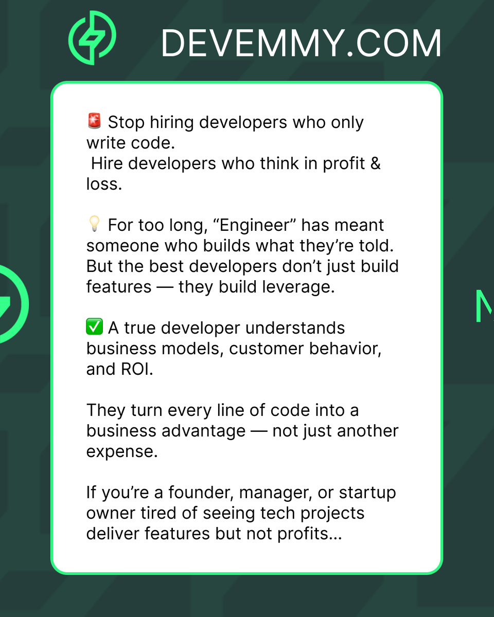 devemmytech's tweet photo. If you’re a founder, manager, or startup owner tired of seeing tech projects deliver features but not profits…

It’s time to work with someone who understands both product and profit.

#GrowthEngineering #Nextjs #SoftwareDevelopment #Entrepreneurship https://t.co/sqzI8axhmA