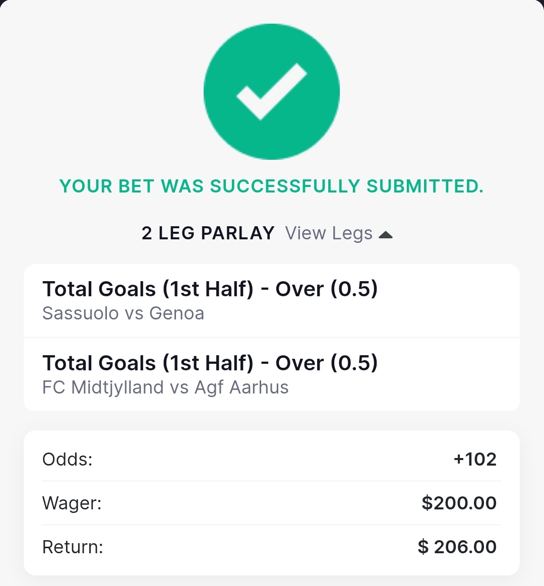 TwoLooney's tweet photo. We’re feeling generous today 😎
Here’s a FREE 2u FHG PARLAY +102 — let’s keep stacking profits 💸
⚽️ #SerieA
Sassuolo / Genoa — FHG ✅
⚽️ #Superliga
Midtjylland / Aarhus — FHG ✅
Let’s cash this one early 🏦🔥
#LooneyLocks #FHG #FootballBets #SerieA #Superliga #BettingTips #ParlayWinners #LooneyTwoTipsters #BookieKiller #ProfitMode