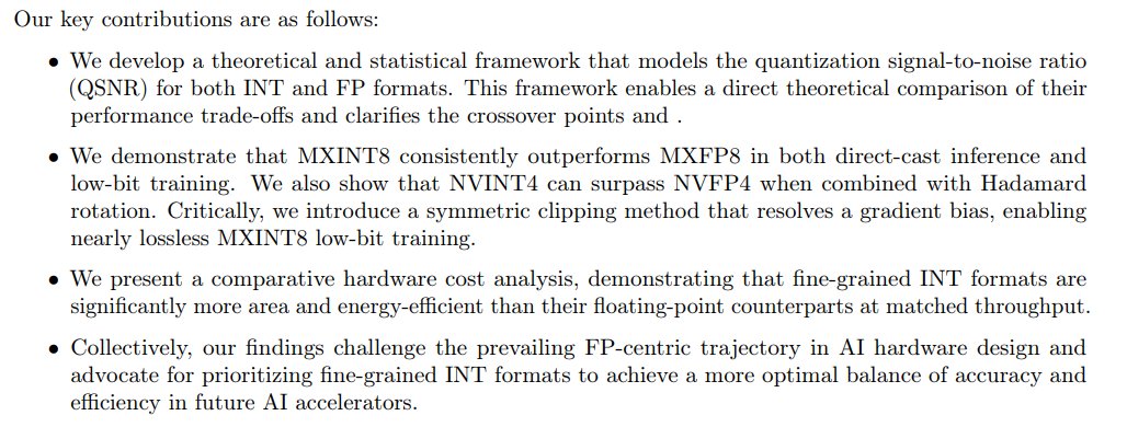 StanTechAddict's tweet image. Quite a surprising reading hgpu.org/?p=30326
FP not so good vs INT for inferencing ? And MXINT8 with symetric clipping methode &quot;nearly lossless&quot; and recommanded for training.