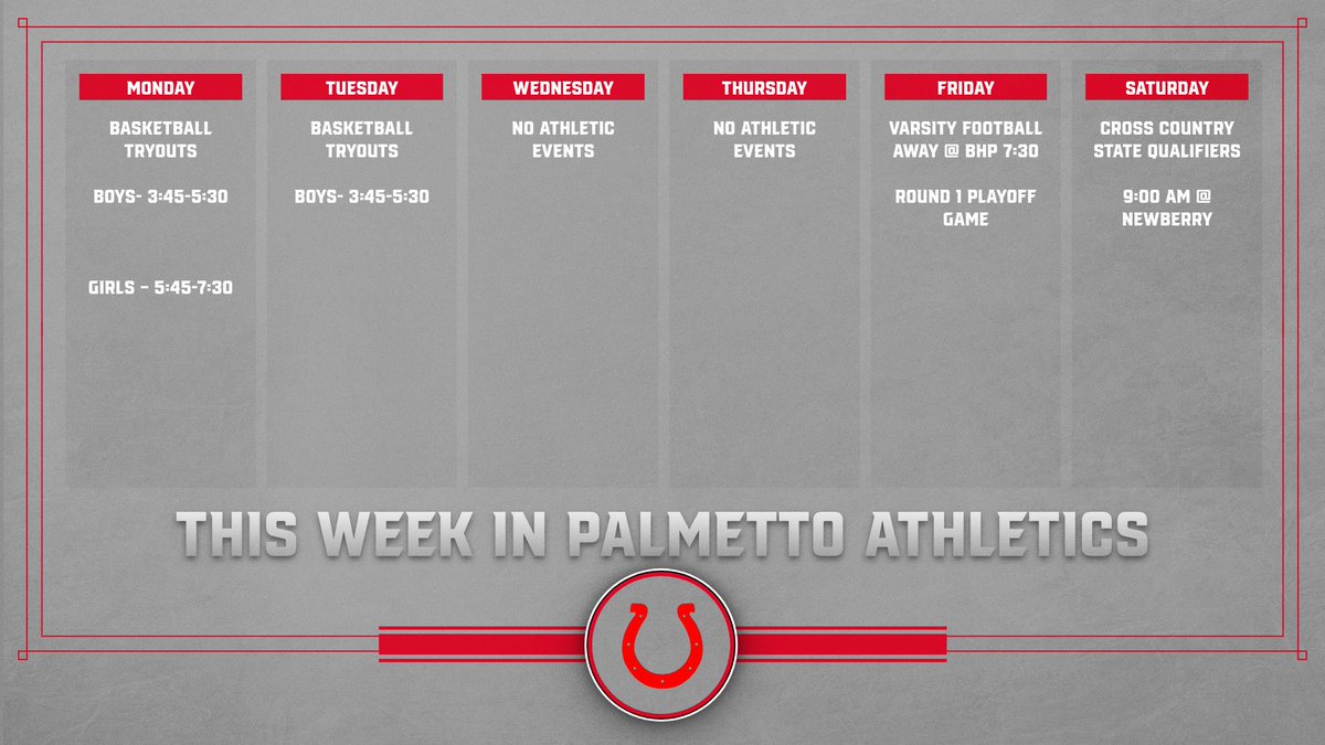 MustangSports1's tweet photo. Palmetto Athletics Week of Nov. 3rd-8th.  Basketball tryouts are this week. Make sure you have a updated physical to try out.  Round 1 of the Playoff start Friday for Football.  XC state qualifiers are this Saturday.  Go Mustangs!! https://t.co/wKRhlVHdt6