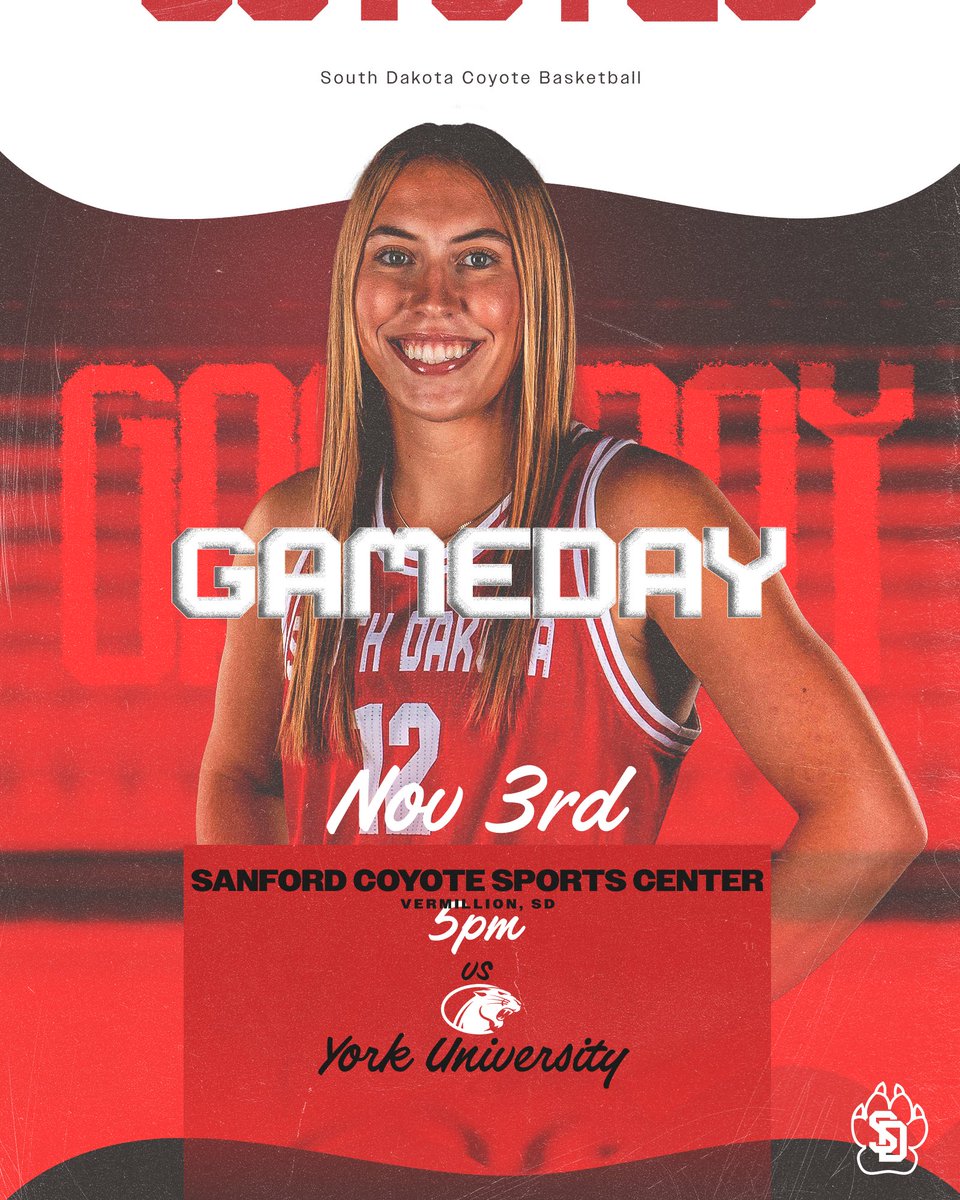 Tipping off the season at home 😁

🆚- York University
📍- Vermillion, S.D. (SCSC)
🕔- 5 p.m.
⚪️- Wear White
🎟️- yote.us/BBtickets
🖥️- yote.us/4nB743V (Summit League Network)
📻- yote.us/listen (Coyote Sports Network)
📊- yote.us/stats

#GoYotes